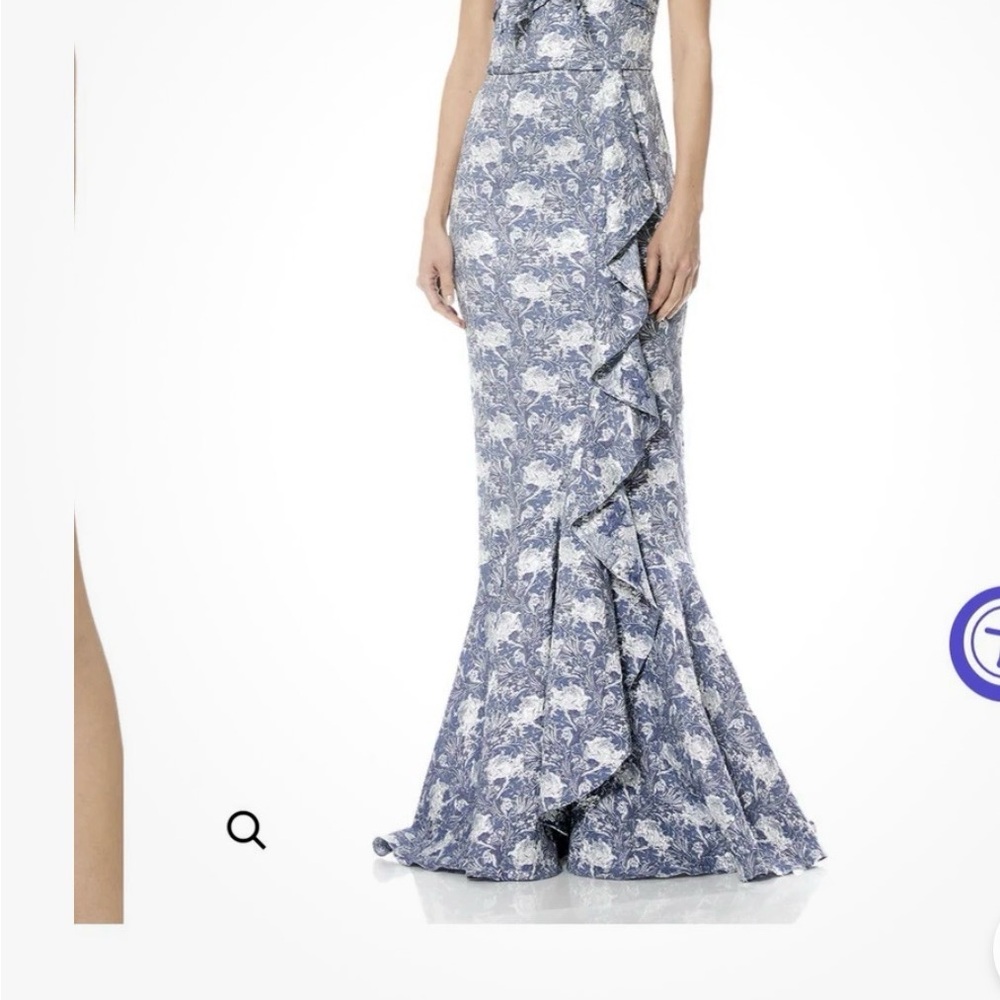 Theia Blue Floral Ruffle Maxi Dress